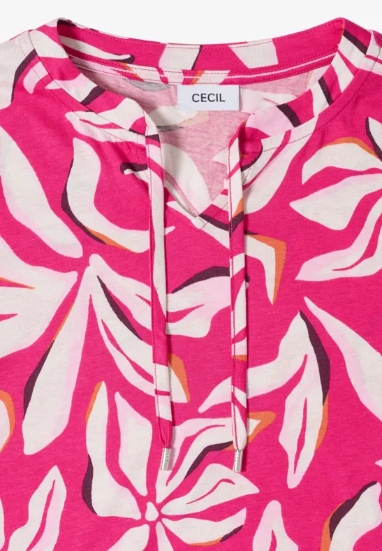 Shirt mit Split Neck und Print beetroot pink