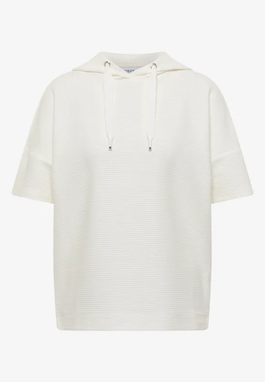 Locker geschnittenes, kurzärmeliges Kapuzen-Sweatshirt in Weiß mit Kordelzug.