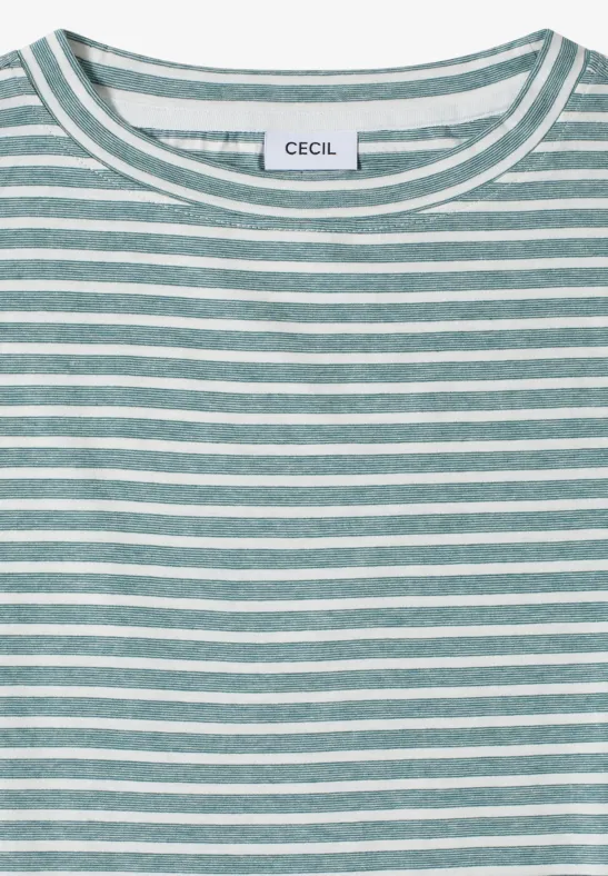 Grünes, weiß gestreiftes T-Shirt mit Rundhalsausschnitt und aufgenähtem CECIL-Label.