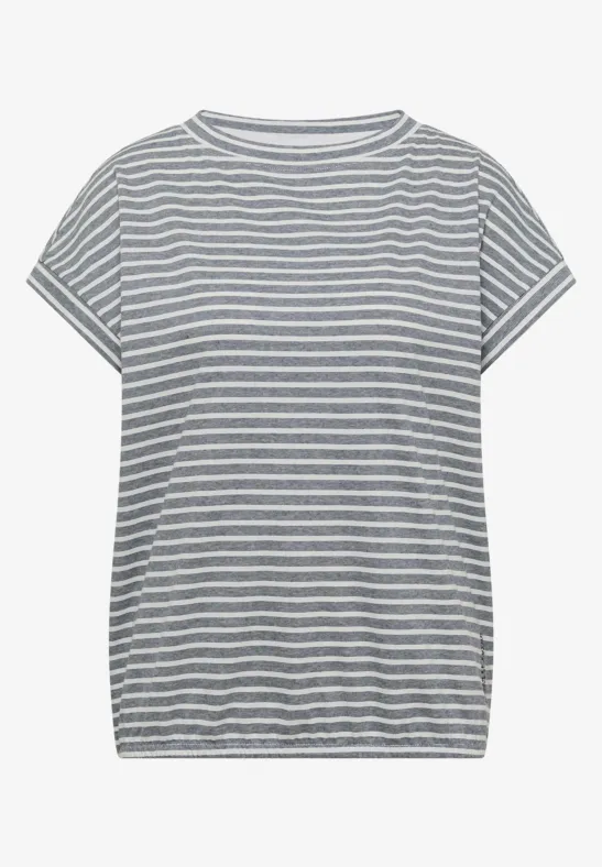 Locker geschnittenes Kurzarmshirt mit hellgrau-weißen Streifen und Rundhalsausschnitt.