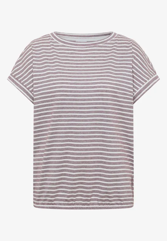 Kurzärmeliges T-Shirt mit weißen und braunen horizontalen Streifen.