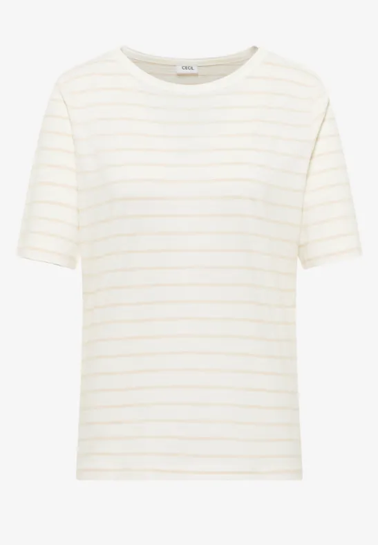 Kurzärmliges T-Shirt in cremeweiß mit feinen, horizontalen Beige-Streifen und Rundhalsausschnitt.