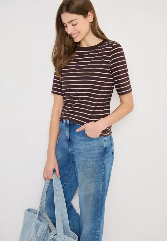 T-Shirt mit Boatneck und Streifen macchiato brown