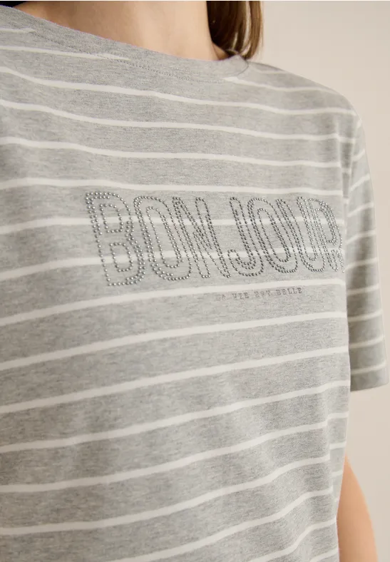 T-Shirt mit Schmuckstein Wording milky grey melange