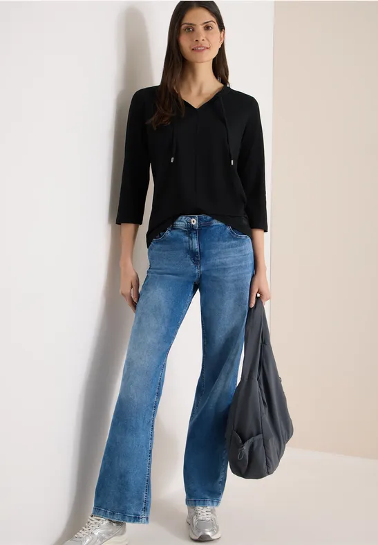 3/4-Arm Shirt mit Split Neck Black