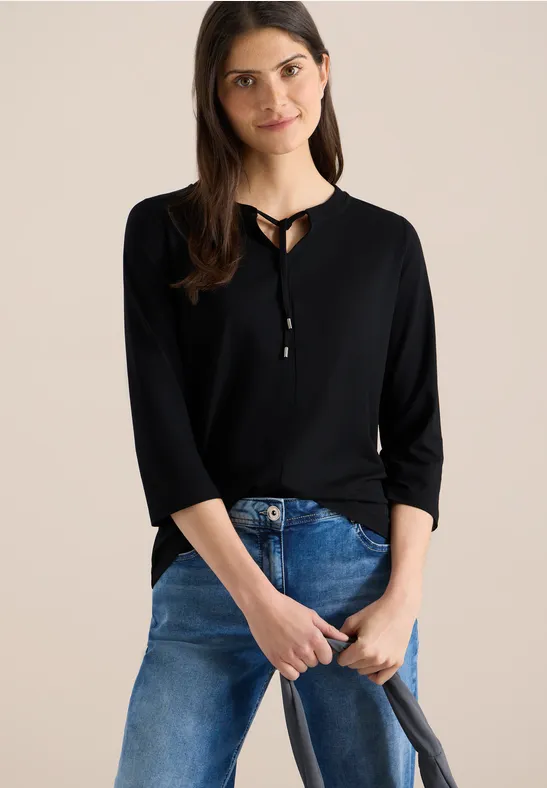 3/4-Arm Shirt mit Split Neck Black