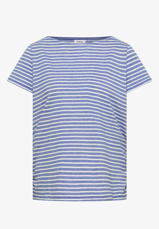 Hellblau-weiß gestreiftes Kurzarmshirt mit Rundhalsausschnitt.