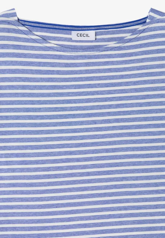 Blau-weiß gestreiftes Damen-Shirt mit weitem Rundhalsausschnitt und Label "CECIL" am Kragen