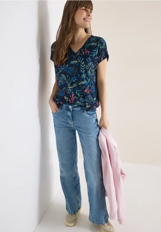 Shirt mit V-Neck und floralem Print universal blue