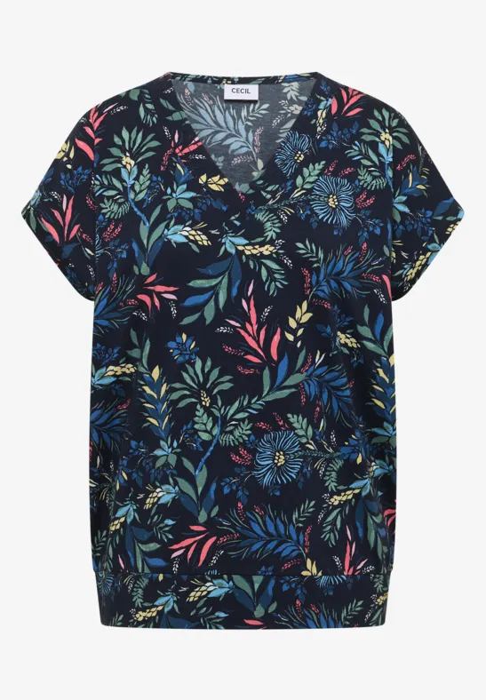 Shirt mit V-Neck und floralem Print universal blue