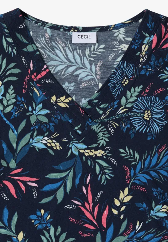 Shirt mit V-Neck und floralem Print universal blue
