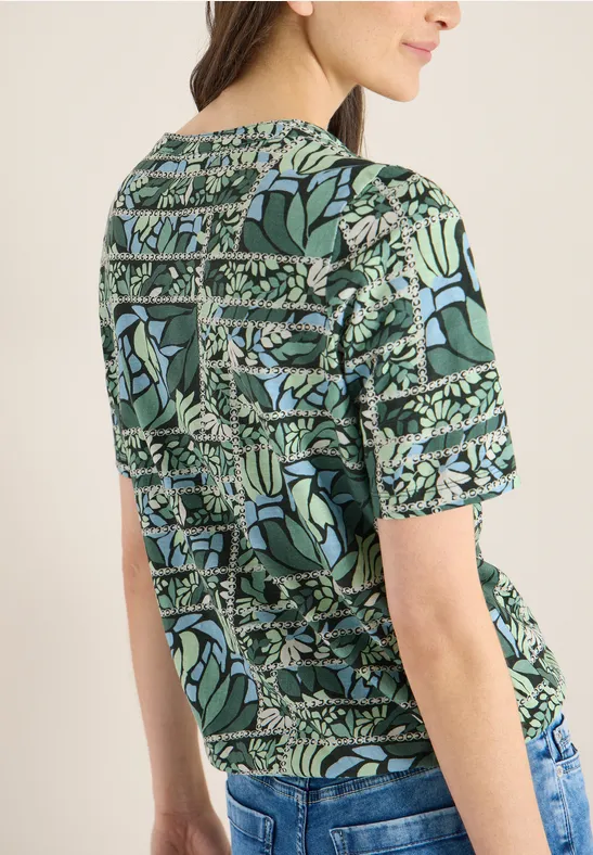 Kurzarm Shirt mit Split Neck und Print raw khaki