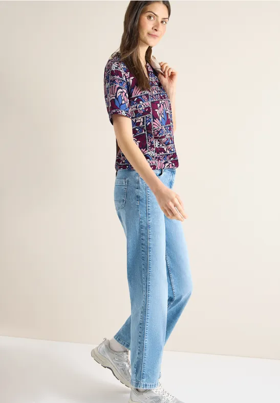 Kurzarm Shirt mit Split Neck und Print deep plum