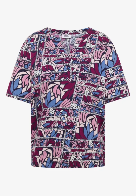 Kurzarm Shirt mit Split Neck und Print deep plum