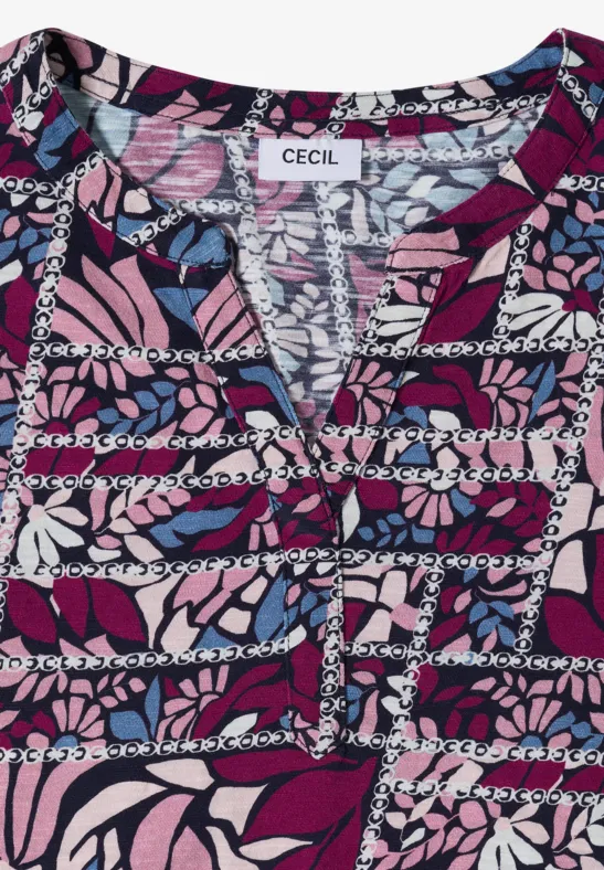 Kurzarm Shirt mit Split Neck und Print deep plum