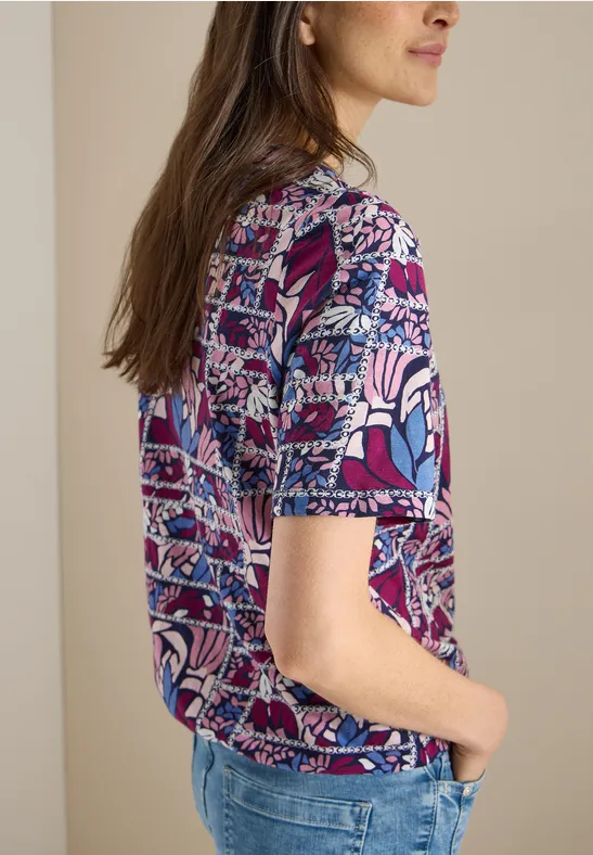 Kurzarm Shirt mit Split Neck und Print deep plum
