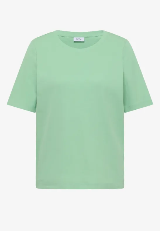 Ein schlichtes, pastellgrünes T-Shirt mit Rundhalsausschnitt und kurzen Ärmeln vor weißem Hintergrund.