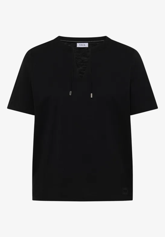 Kurzarm Shirt mit Split Neck Black
