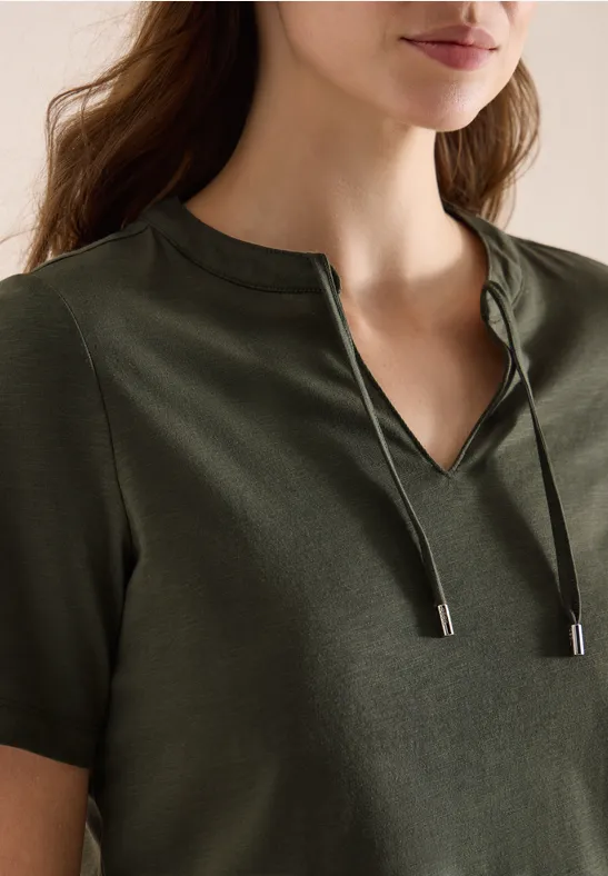 Kurzarm Shirt mit Split Neck khaki