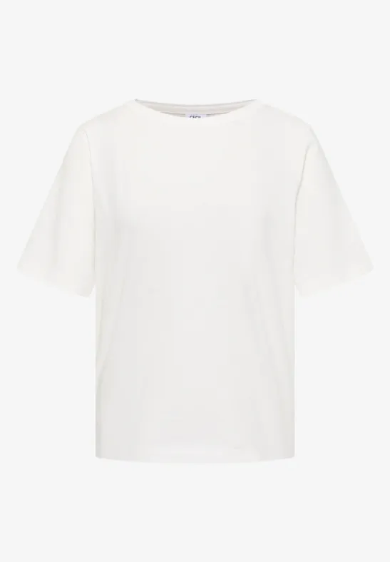 Ein schlichtes, weißes T-Shirt mit Rundhalsausschnitt und kurzen Ärmeln.