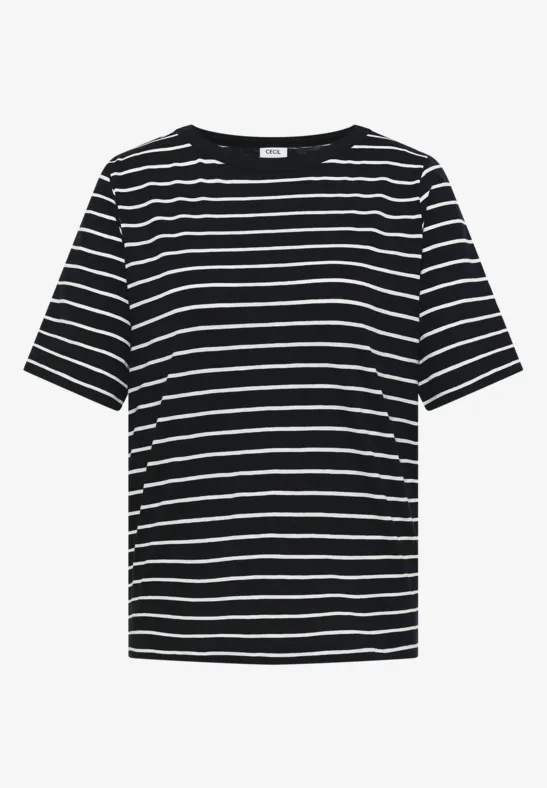 Schwarzes T-Shirt mit weißen horizontalen Streifen