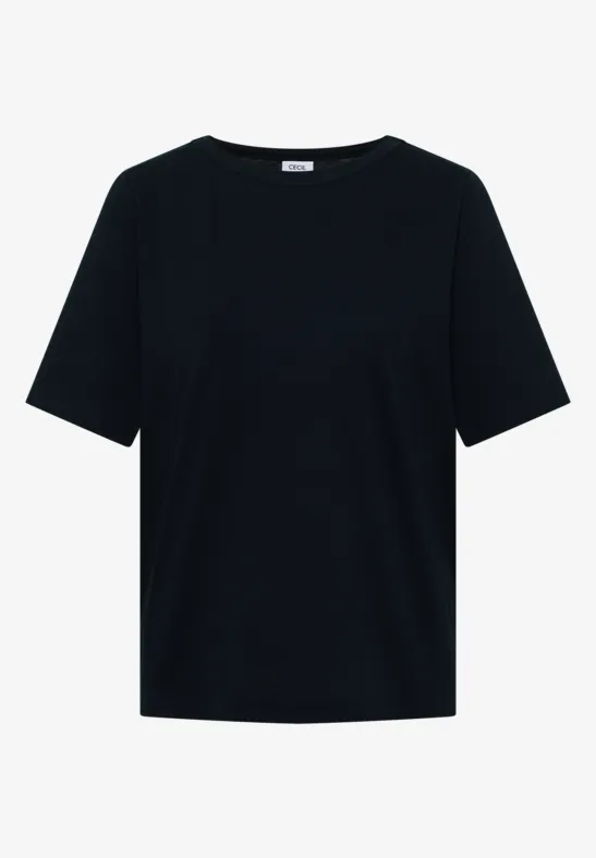 Ein schlichtes schwarzes T-Shirt mit kurzem Arm und Rundhalsausschnitt.