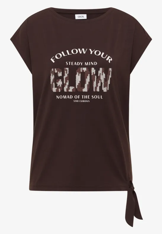 Braunes Damenshirt mit weißem Text 'Follow your steady mind' und seitlichem Knotendetail