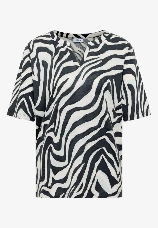 Weißes Kurzarmshirt mit schwarzem Zebra-Muster und V-Ausschnitt.