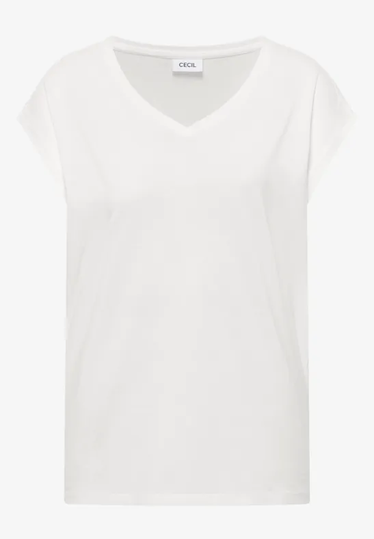 Schlichtes weißes T-Shirt mit V-Ausschnitt und kurzen Ärmeln in legerer Passform.