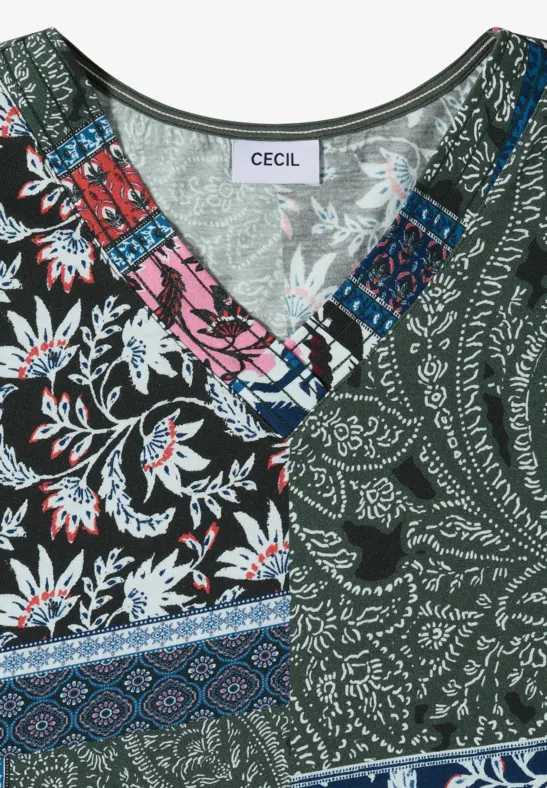 T-Shirt mit V-Neck und Patchwork-Print khaki