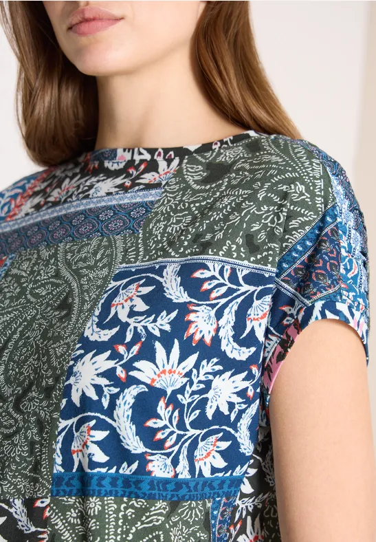 T-shirt à col rond et imprimé patchwork khaki