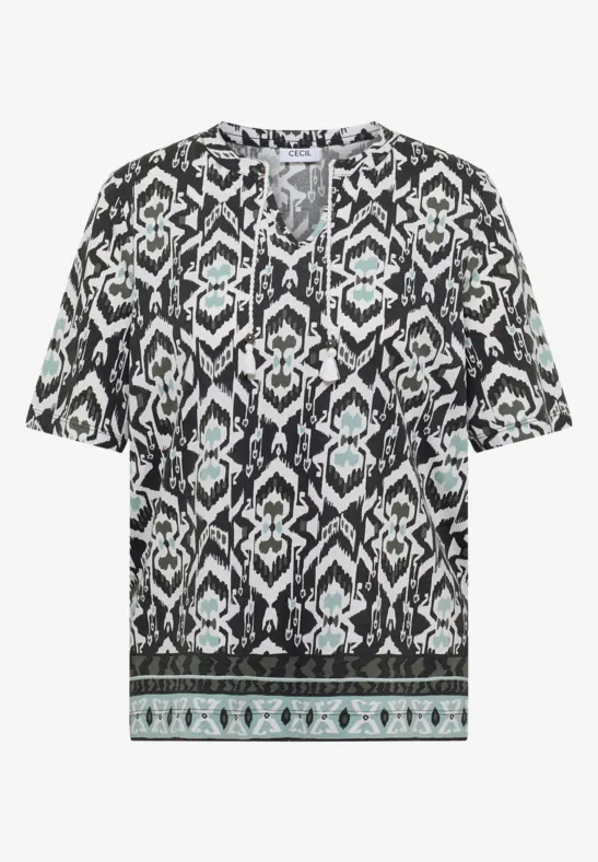 Schwarz-weißes Damen-T-Shirt mit mintfarbenem, geometrischem Ethno-Print.