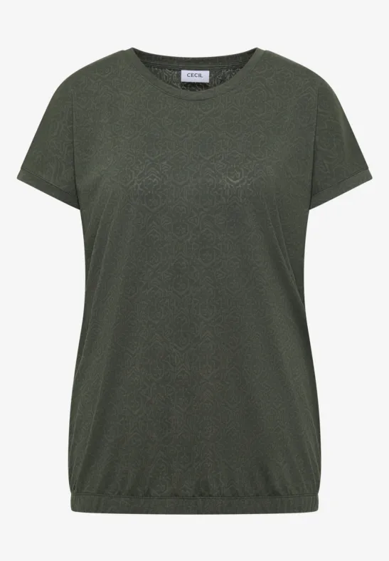 Dunkelgrünes T-Shirt mit kurzen Ärmeln und leicht gerafftem Saum.