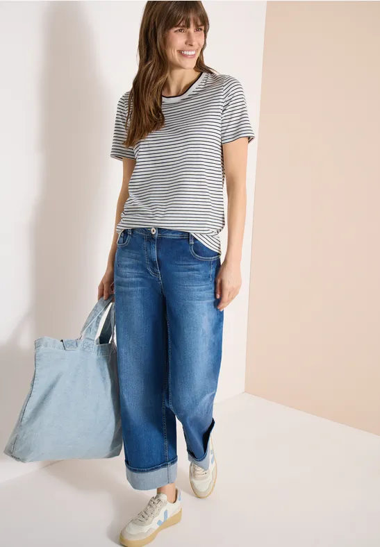 Kurzarm Shirt mit Rundhals und Streifen Black