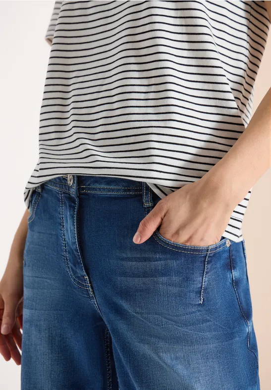 Kurzarm Shirt mit Rundhals und Streifen Black