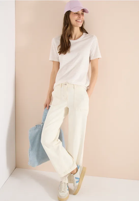 Kurzarm Shirt mit Rundhals und Streifen pearl beige