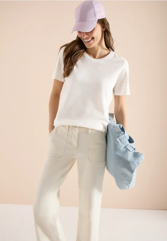 Kurzarm Shirt mit Rundhals und Streifen pearl beige