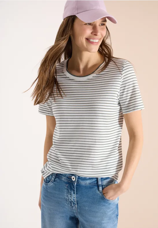 T-shirt à manches courtes, col rond et rayures khaki