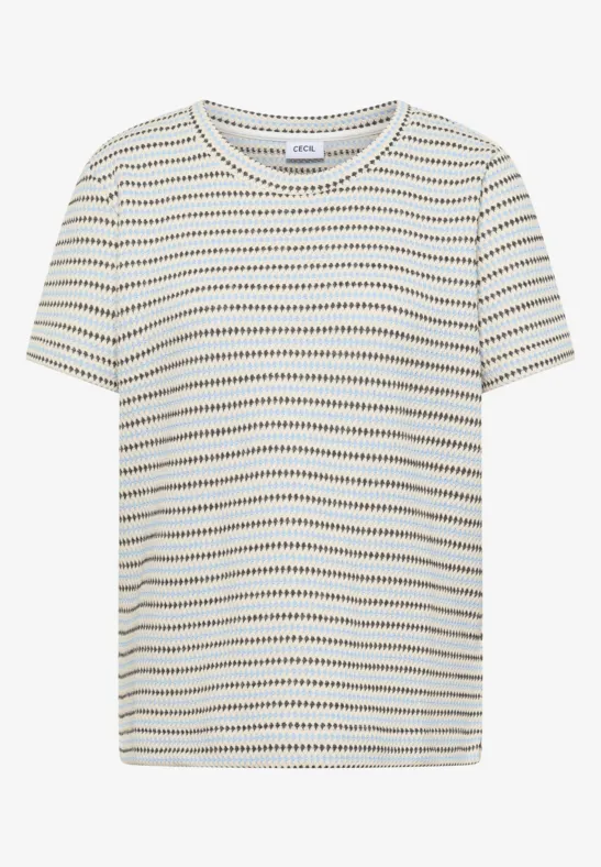 Ein kurzärmeliges weißes T-Shirt mit feinen, bunten, horizontalen Streifen.