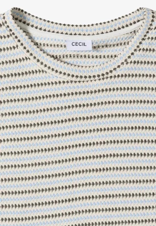 Gestreiftes Strickshirt von CECIL mit feinen Zickzack-Streifen in Blau, Beige und Oliv, Rundhalsausschnitt.