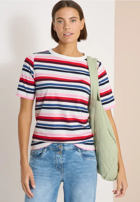 Person trägt gestreiftes T-Shirt in Rot, Weiß und Blau, Jeans und grüne Umhängetasche.