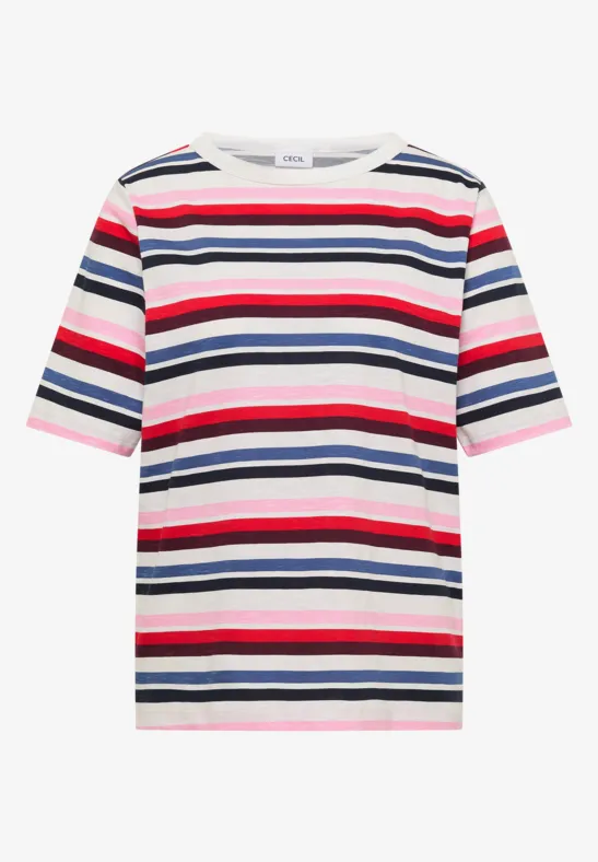 Kurzärmeliges T-Shirt mit mehrfarbigen horizontalen Streifen in Rot, Weiß, Blau und Schwarz.