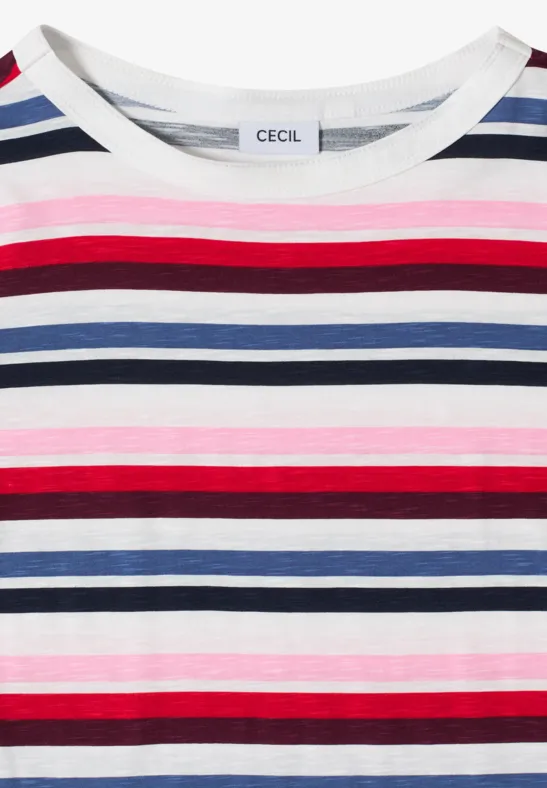 Kurzarmshirt mit horizontalen Streifen in Weiß, Marineblau, Rot und Rosa.