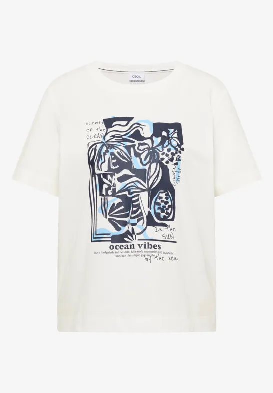 Weißes T-Shirt mit abstraktem blau-grauem Motiv und Schriftzug 'ocean vibes'.