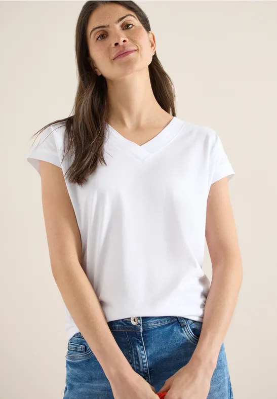 Kurzarm Shirt mit V-Neck in Unifarbe White