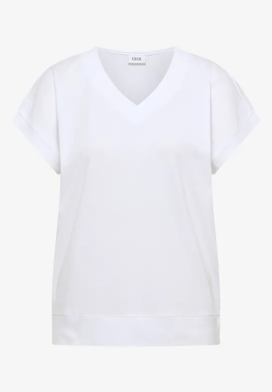 Kurzarm Shirt mit V-Neck in Unifarbe White