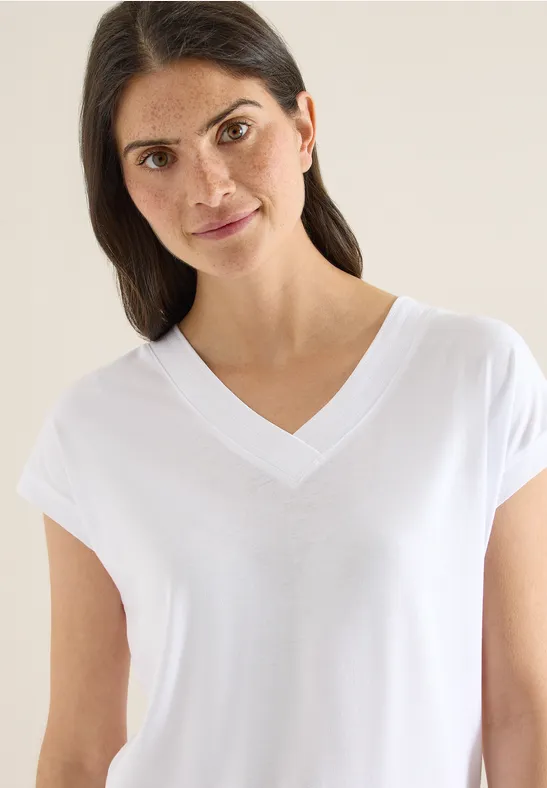 Kurzarm Shirt mit V-Neck in Unifarbe White