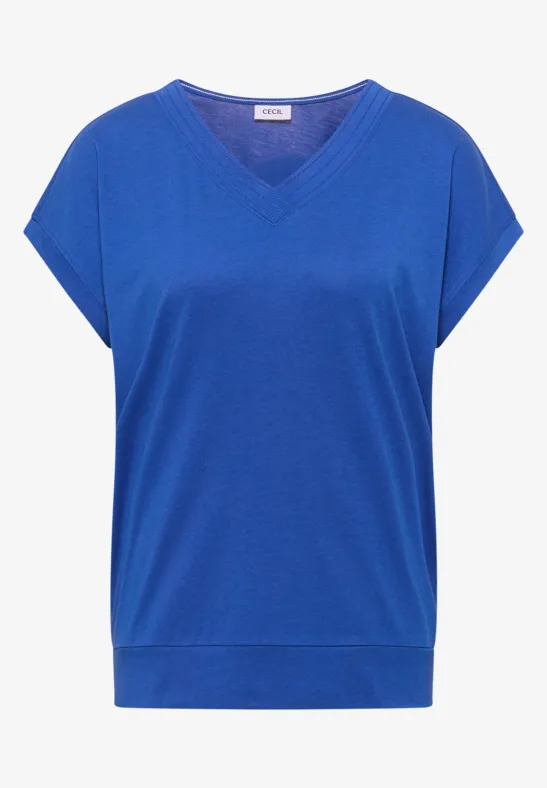 Blaues V-Neck T-Shirt mit kurzen Ärmeln und lockerer Passform.