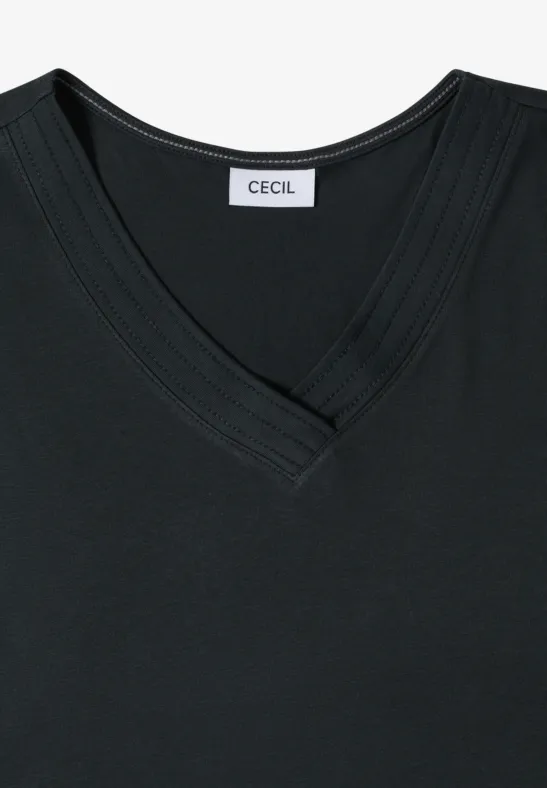 Schwarzes V-Ausschnitt-Shirt mit CECIL-Label.