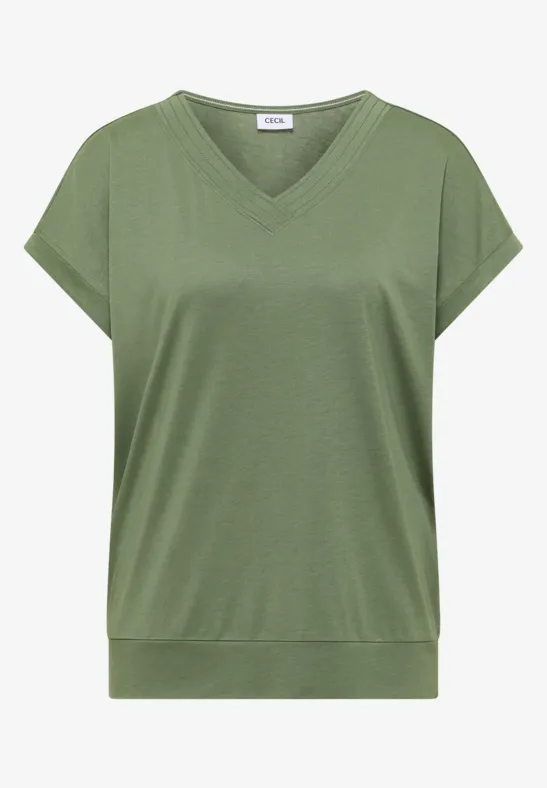 Grünes Damen-Shirt mit V-Ausschnitt und kurzen, überschnittenen Ärmeln.